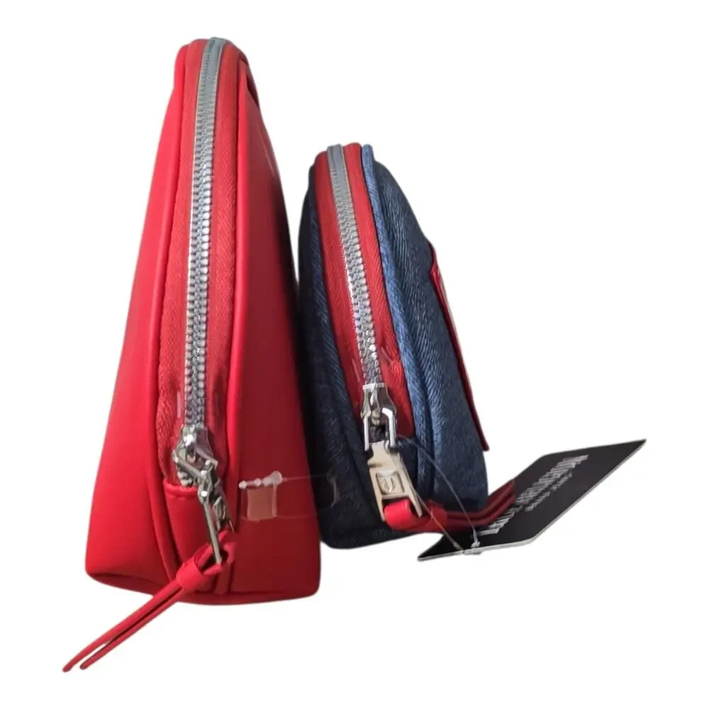 True Religion 2 Piece Cosmetic Bag Set Red Blue Denim Logo Pouch Makeup Case NWT